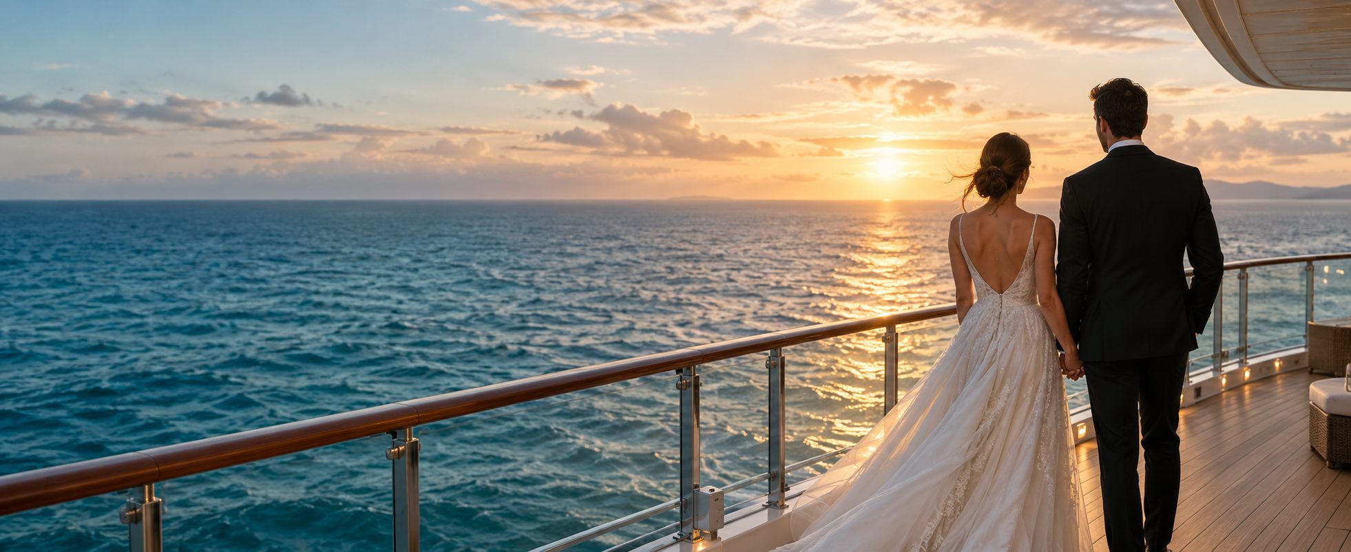 Bride and groom holding hands, looking out at the sunset from a cruise ship deck